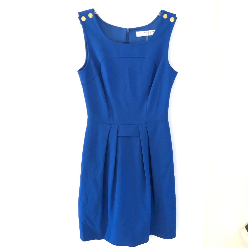 Trina Turk Royal Blue Sleeveless Sheath Dress Size 2 Golden Button Pleated